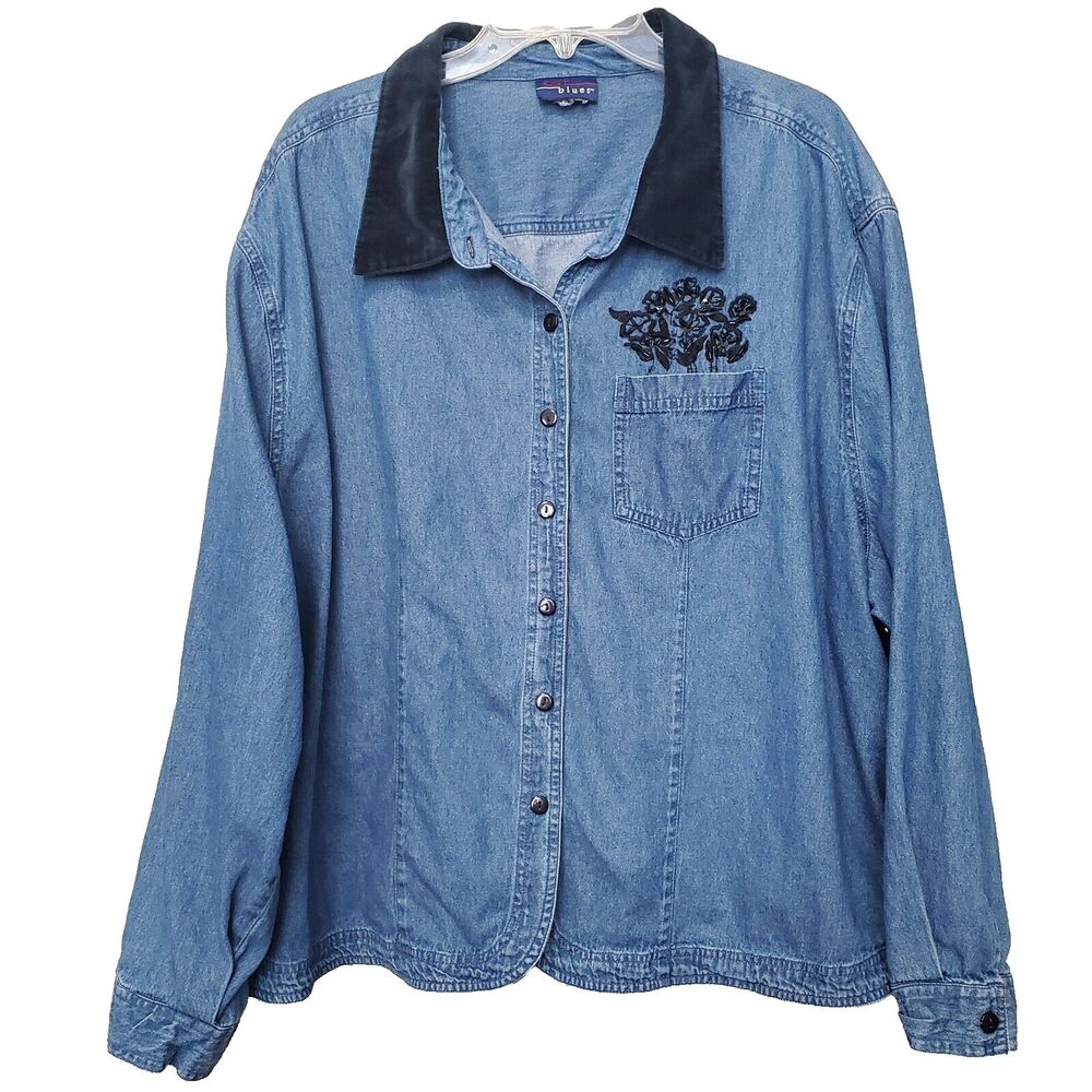 CST Blues Women's Blue Denim Embroidered Button-Up Shirt w/Microfiber Collar 4X